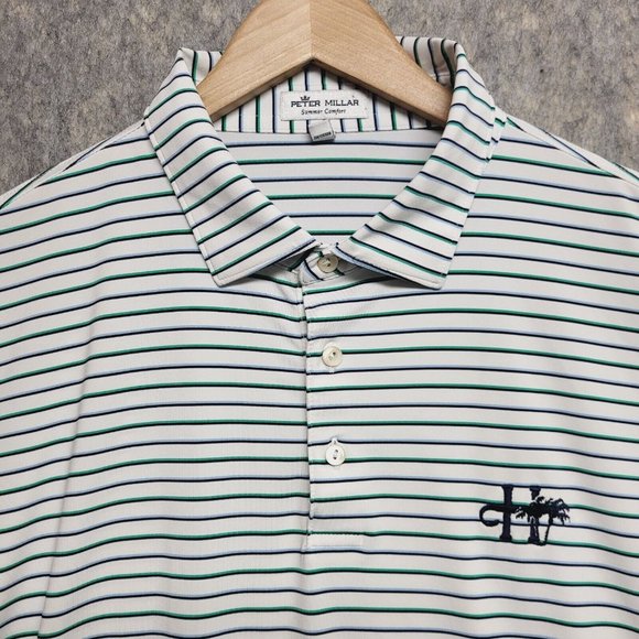 Peter Millar Polo Shirt Men XL Green Blue Striped Summer Comfort Heathrow Golf - Picture 1 of 9